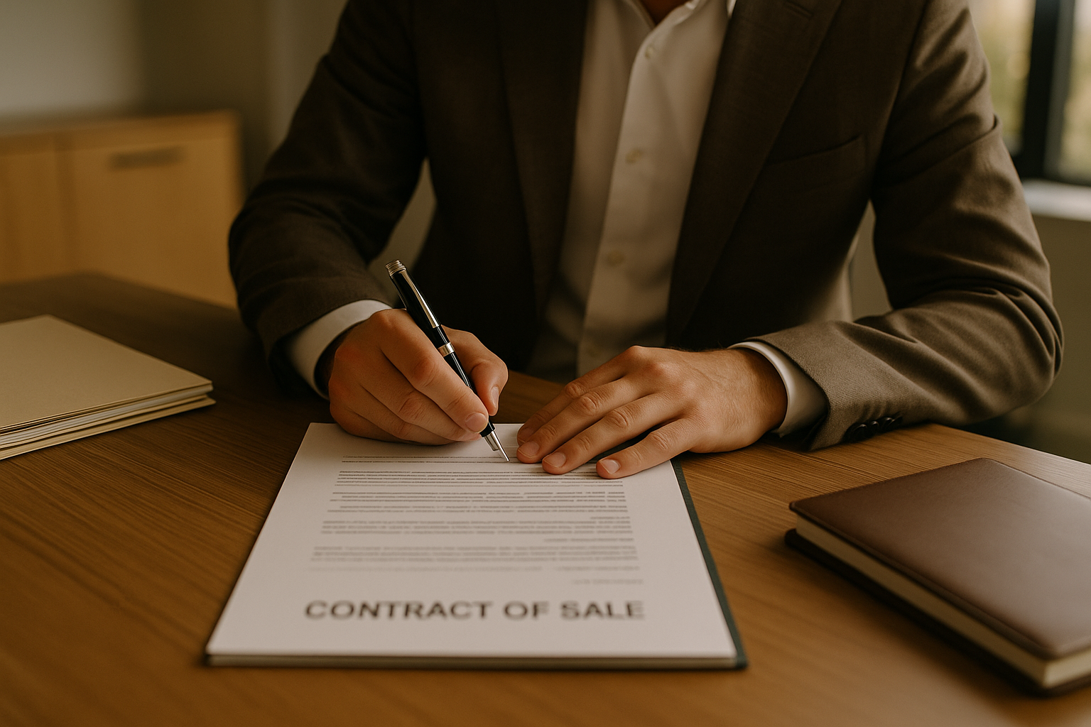 Business owner signing a contract of sale in Newcastle