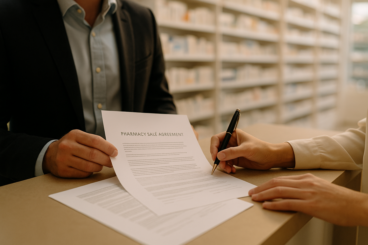 Pharmacist and lawyer reviewing a pharmacy sale agreement