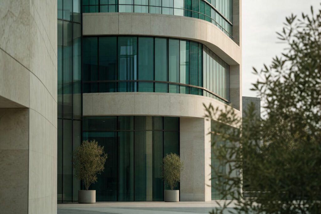 Contemporary commercial building with a teal glass facade