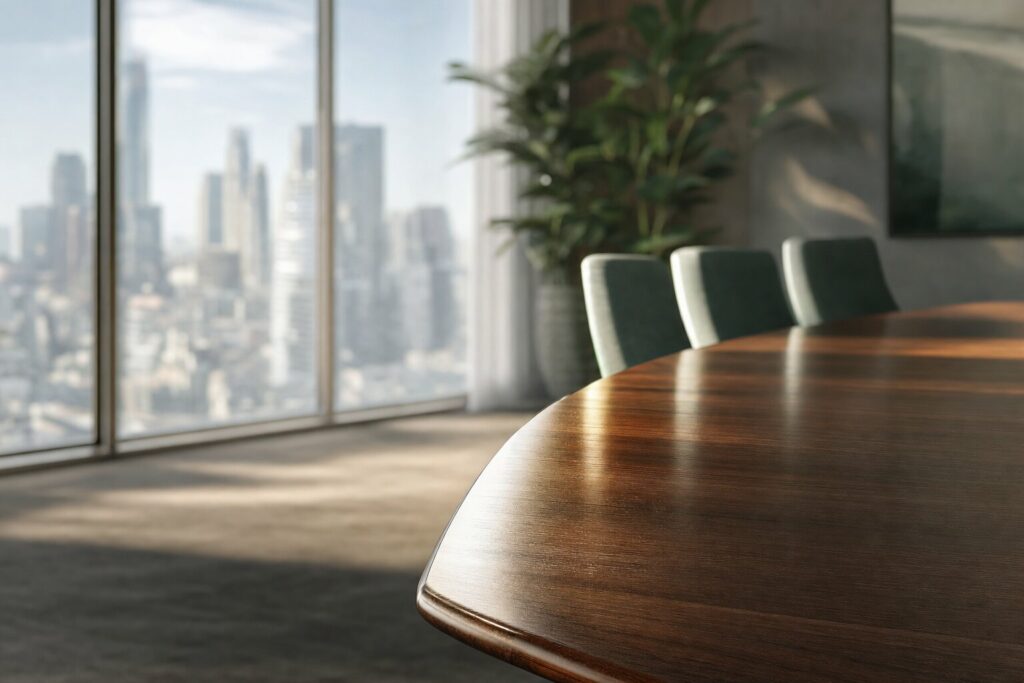 Boardroom table with a view over a city skyline