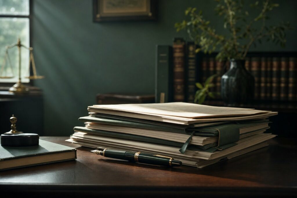 Legal documents and a fountain pen on a timber desk