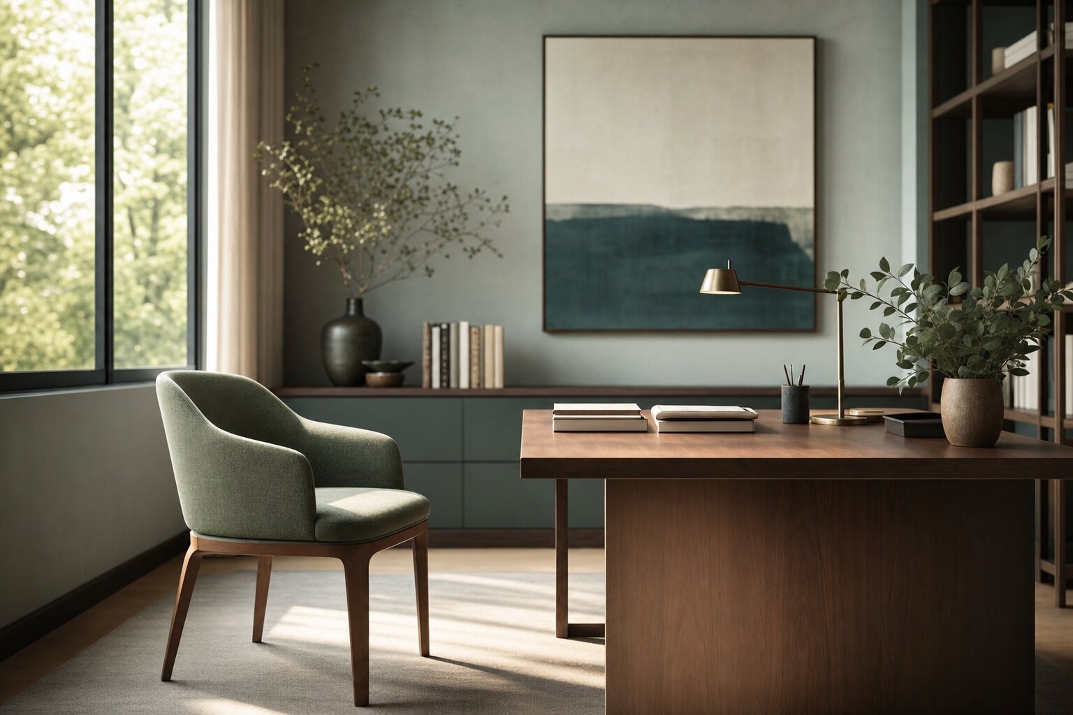 Calm, modern workplace with a sage accent chair