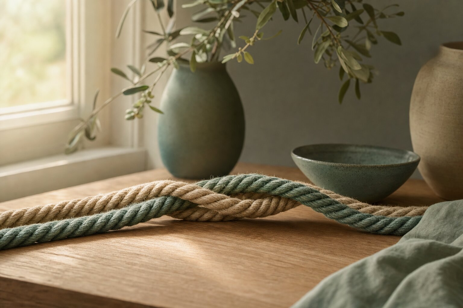 Two ropes gently intertwined, symbolising family and connection