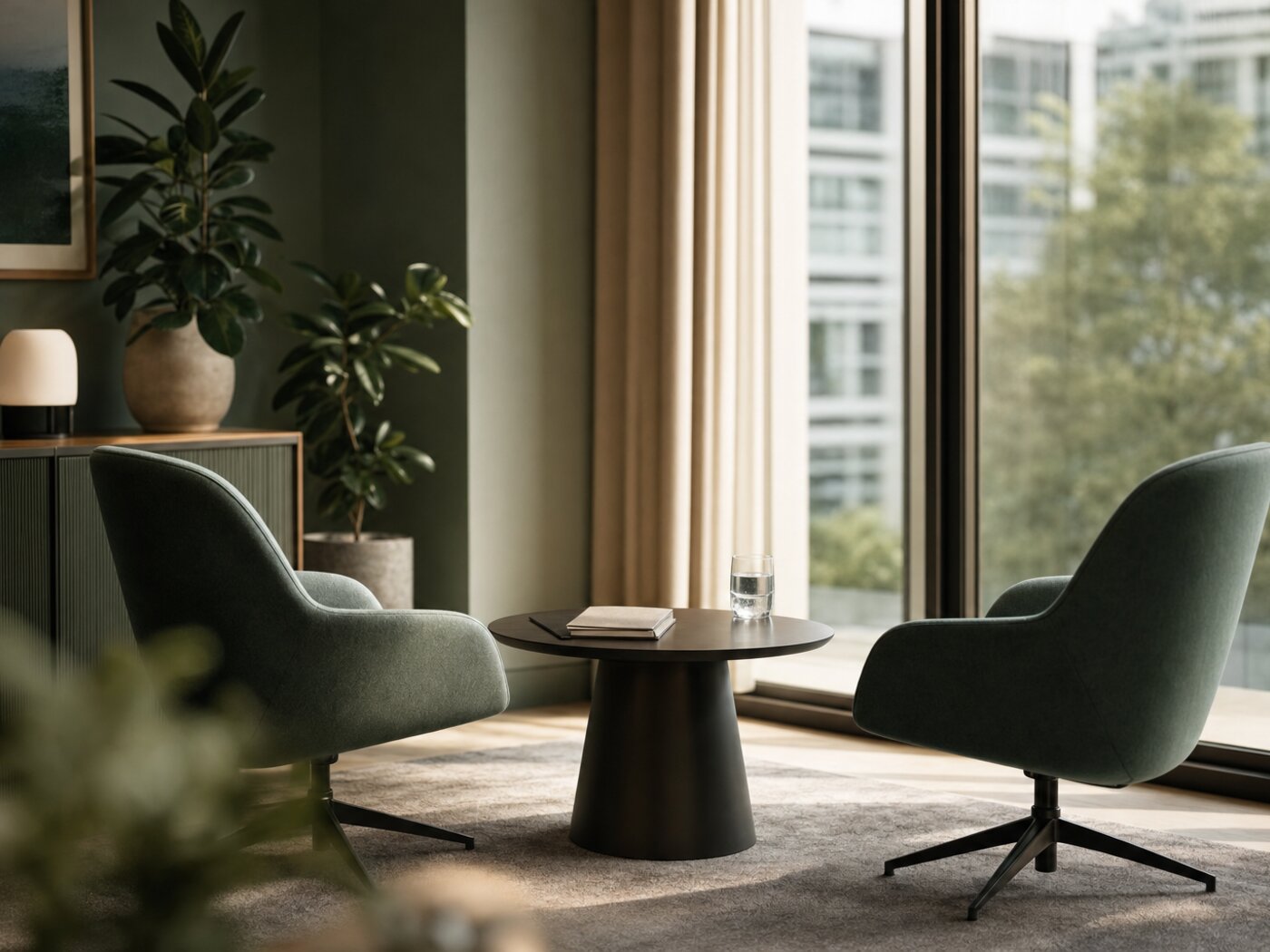 Calm office meeting space with soft natural light