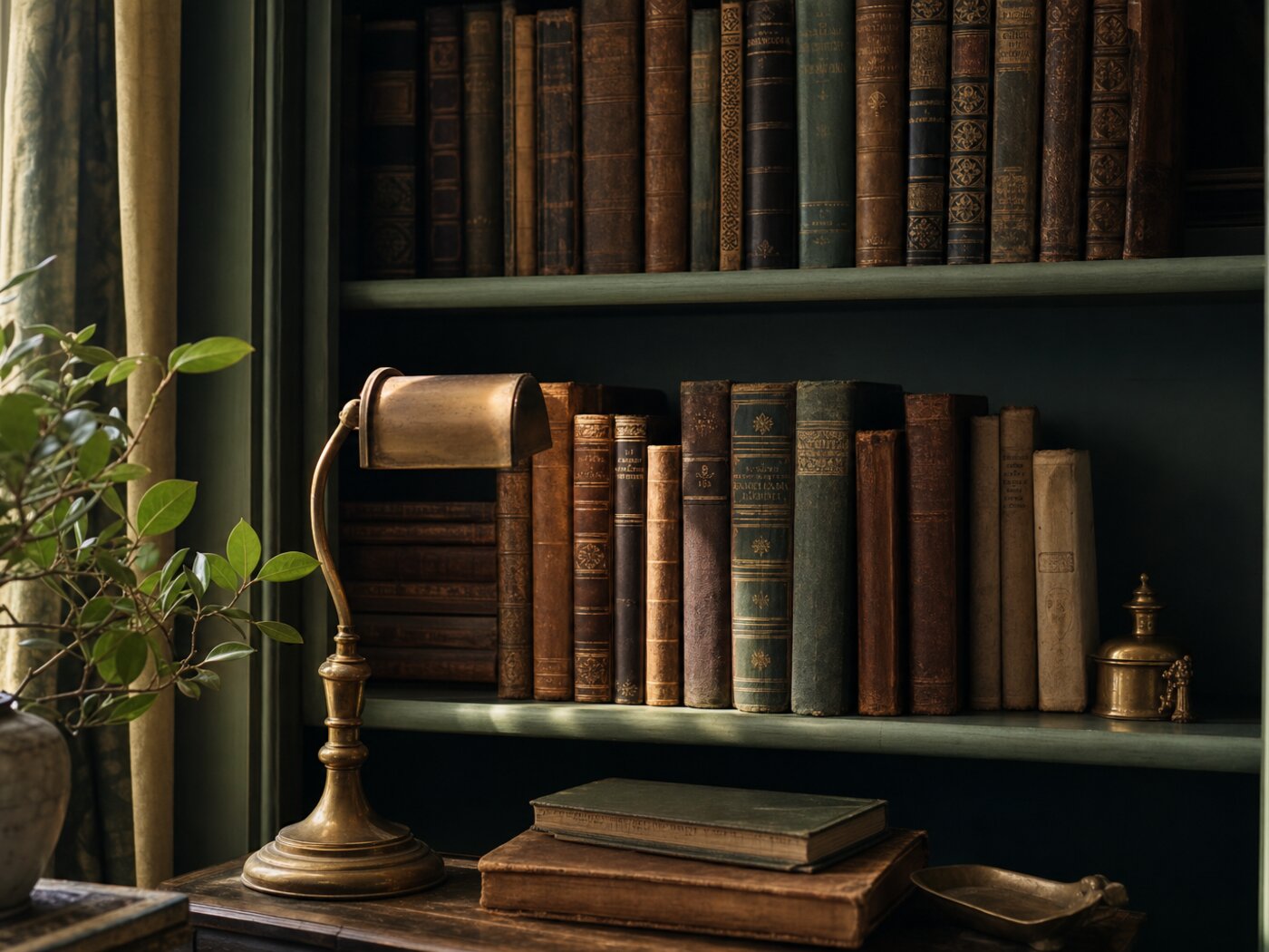 Antique bookshelf with leather-bound books and a brass lamp