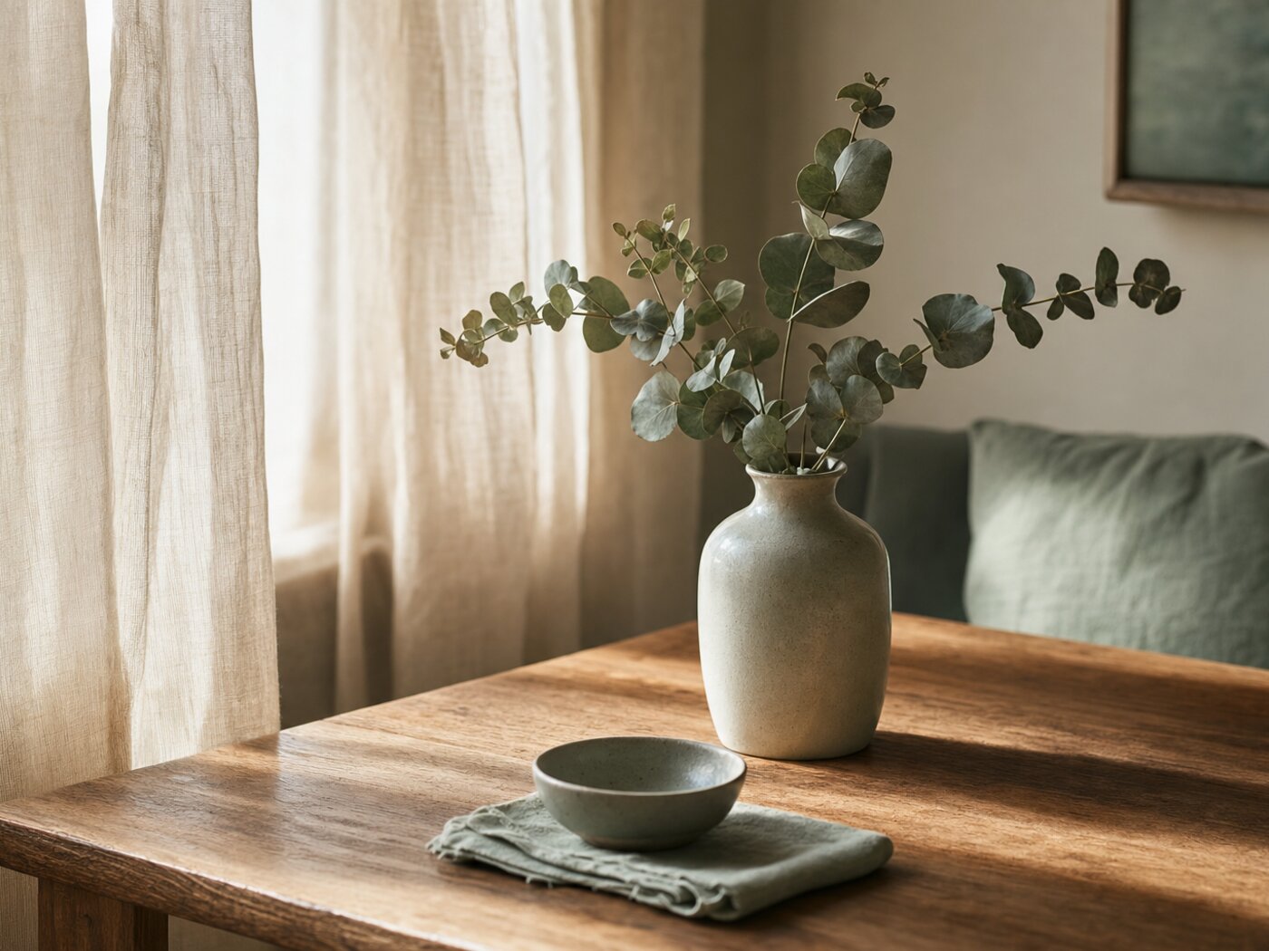 Soft home interior with window light and a vase of eucalyptus