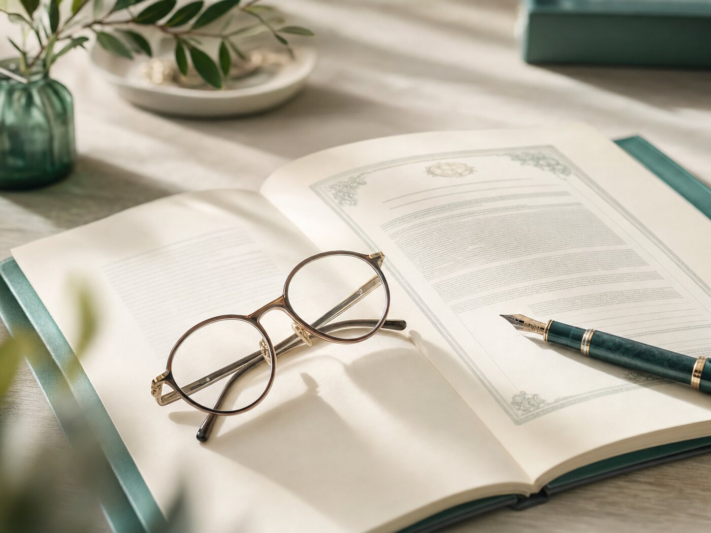 An open policy document with reading glasses and a fountain pen