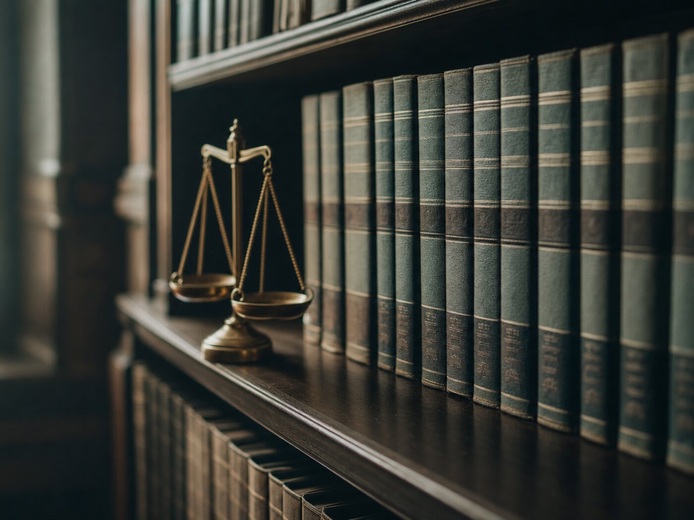 Brass scales of justice beside bound legal case reports