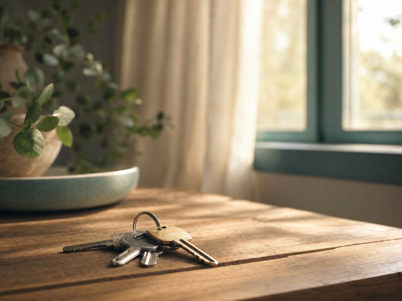 A set of house keys on a timber table by a window