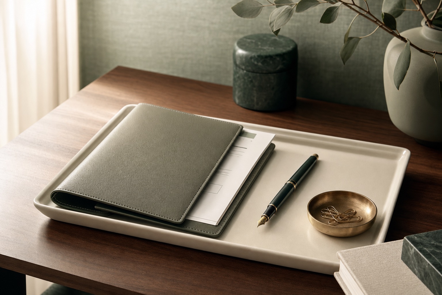Invoice folio and pen on a desk