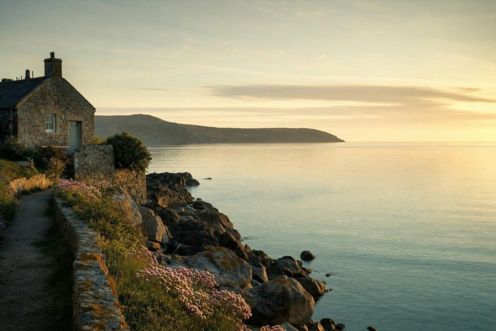 Peaceful coastal scene at golden hour
