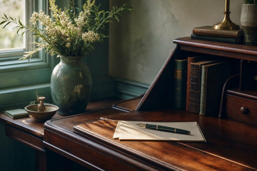 Heritage writing desk with a folded letter and pen