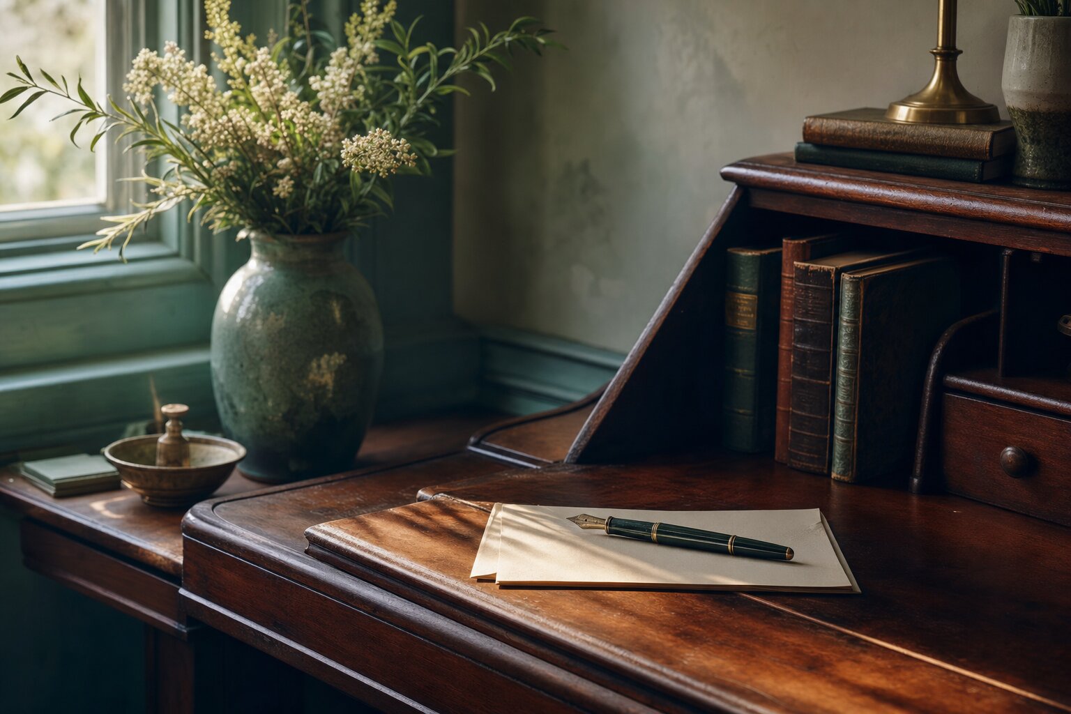 Heritage writing desk with a folded letter and pen