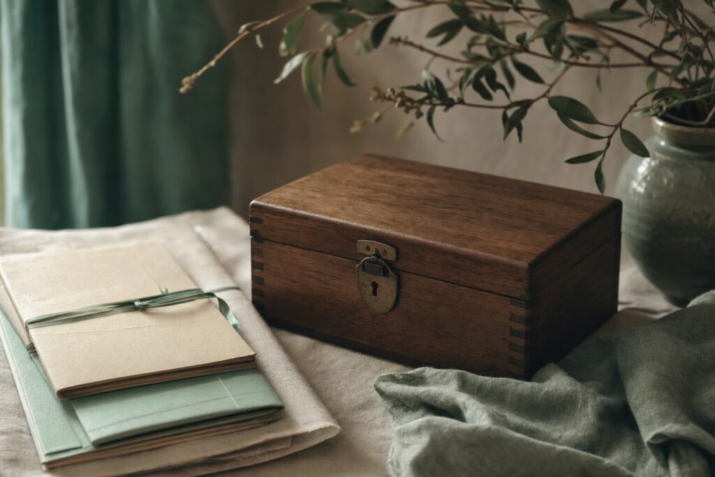 A wooden keepsake box with documents on linen