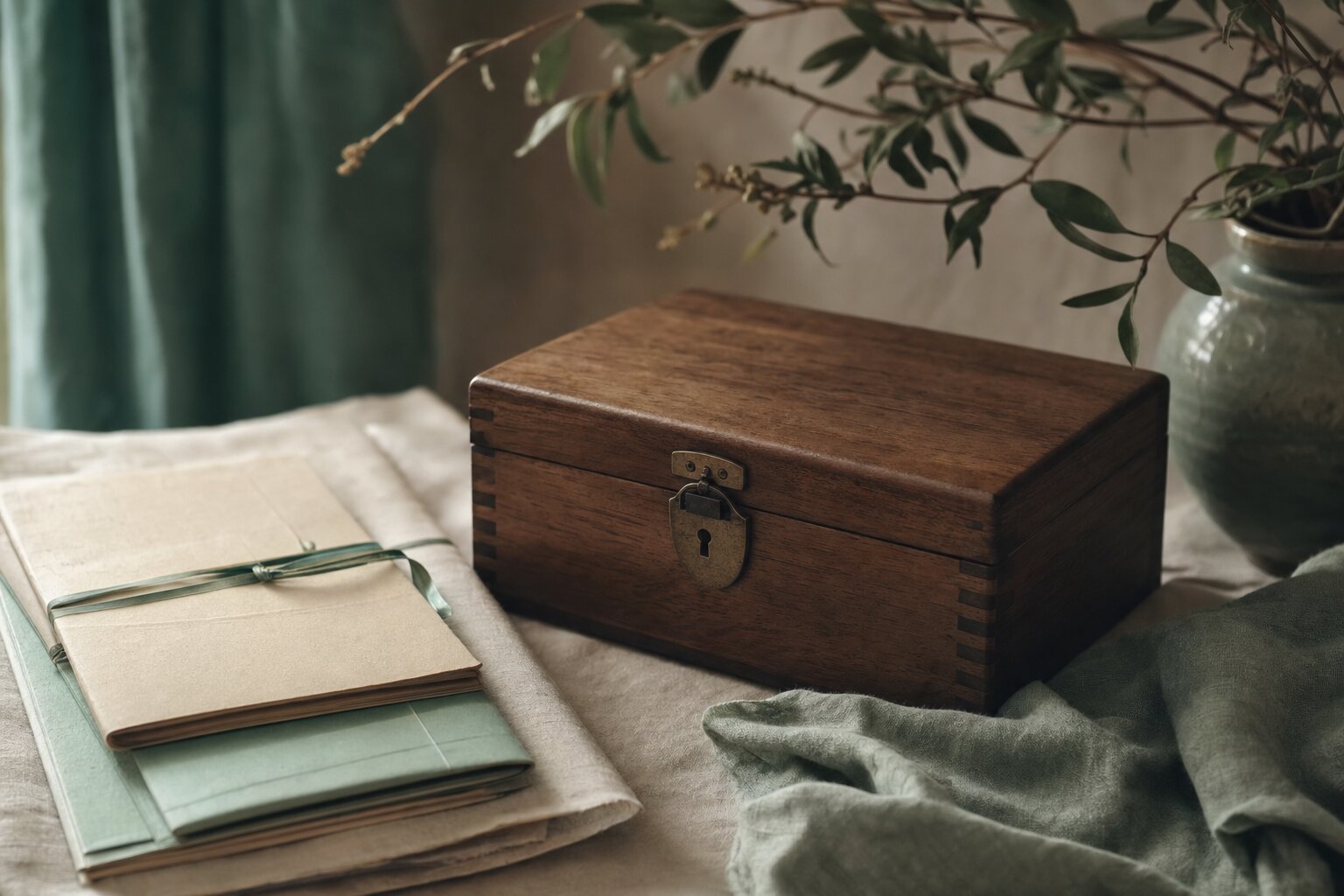 A wooden keepsake box with documents on linen